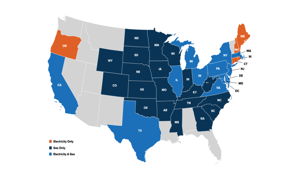 Service map showing which states offer deregulated energy choice for electricity and gas services for small business.